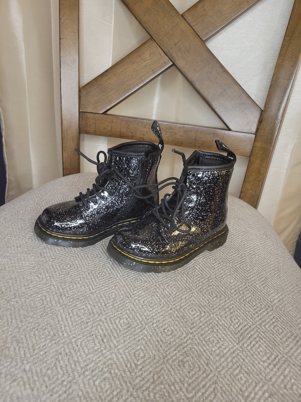Doc Martens Boots. Black Glitter Lace-Up With Side Zipper. - Picture 2 of 6